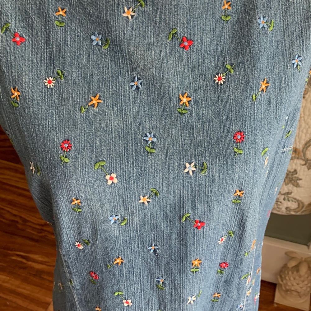 Denim dress with floral stitching design